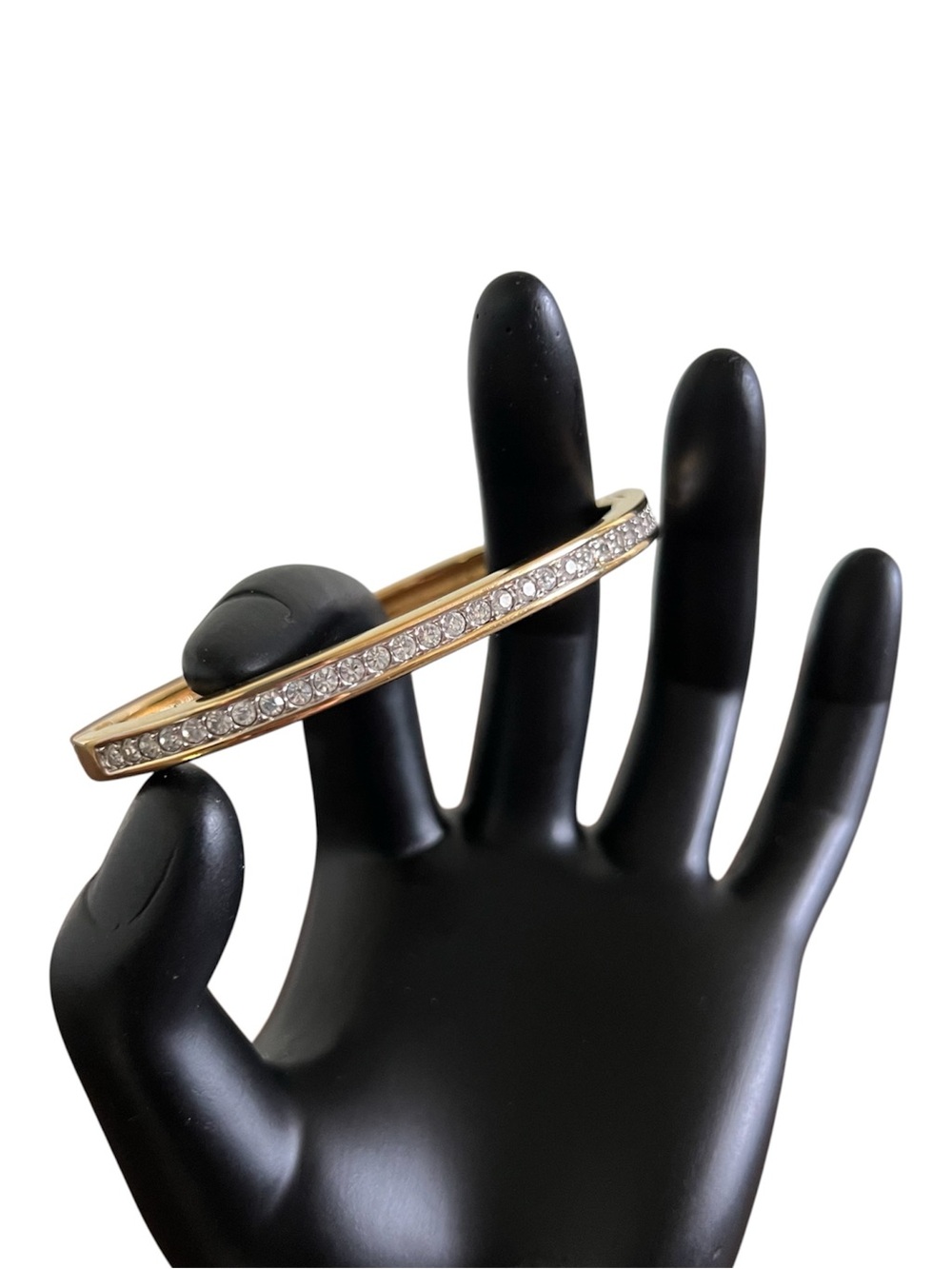 Swarovski • Vintage Gold Tone Pave Crystal Hinged Bangle Bracelet Swan Logo 6.5”
